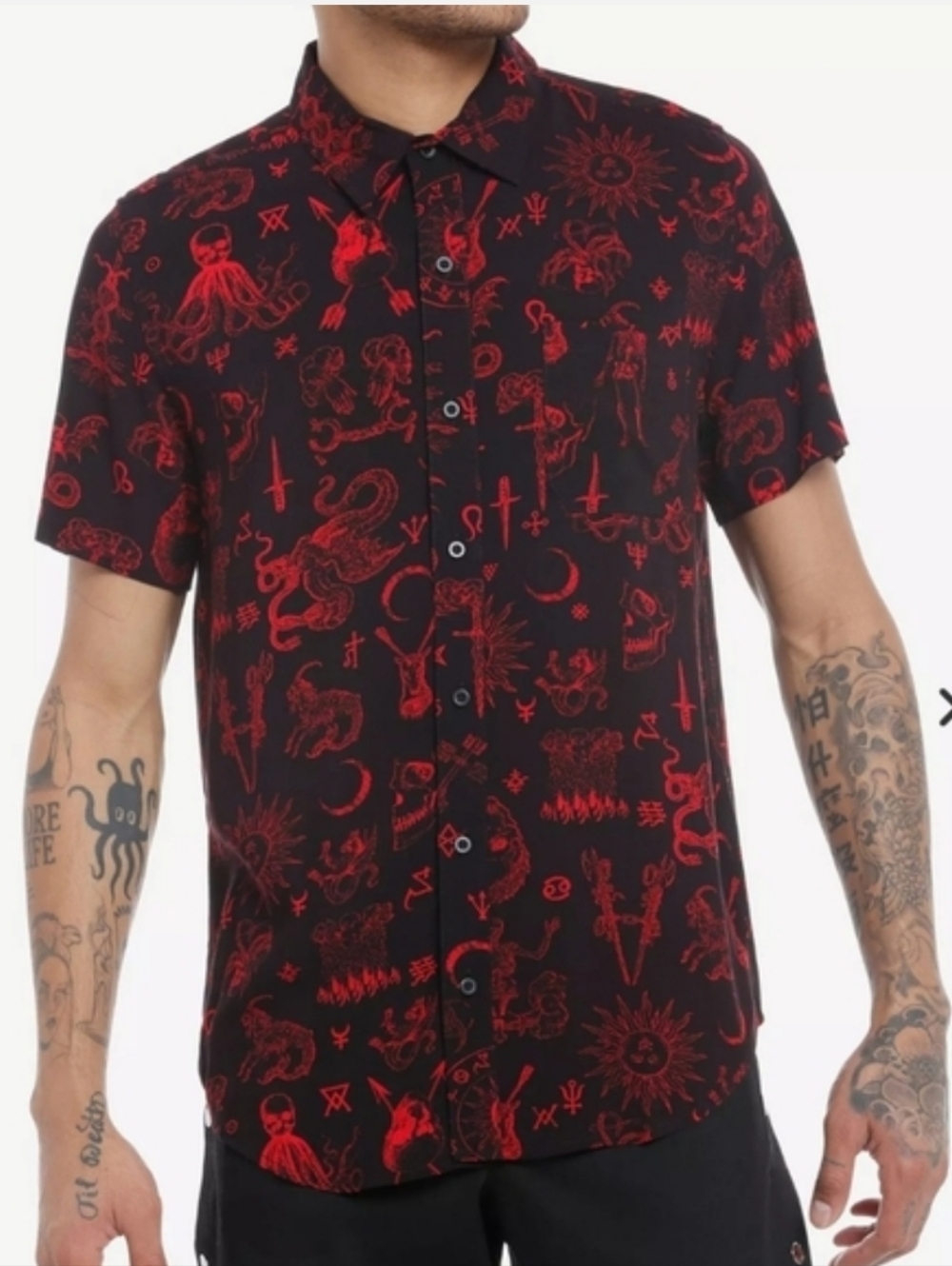 Social Collision Ancient Monsters Allover Print Button-Up Grunge Goth Black XL